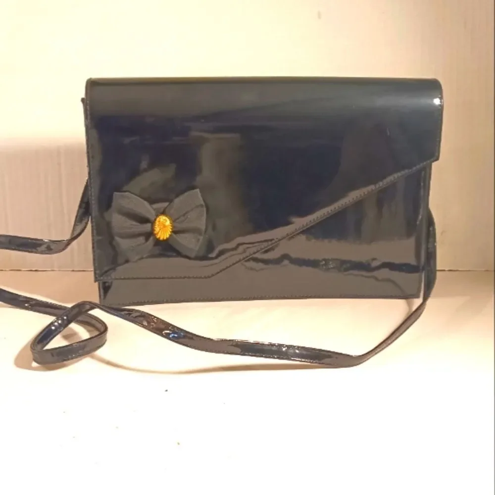 Vintage Black Patent Leather Envelope Clutch with Crossbody Strap